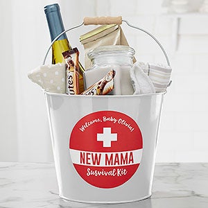 New Mom Survival Kit Personalized White Metal Bucket