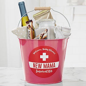 New Mom Survival Kit Personalized Pink Metal Bucket