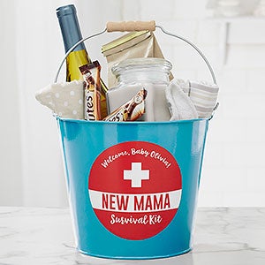 New Mom Survival Kit Personalized Teal Metal Bucket