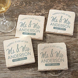 Stamped Elegance Wedding Personalized Tumbled Stone Coaster Set