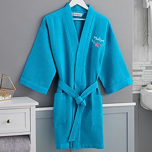 Floral Embroidered Aqua Waffle Weave Kimono Robe