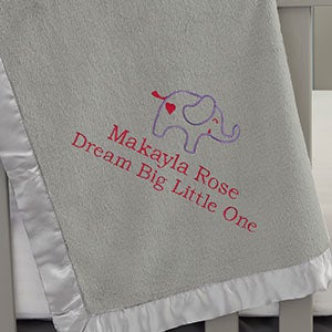 Girl Elephant Embroidered Grey Satin Trim Baby Blanket