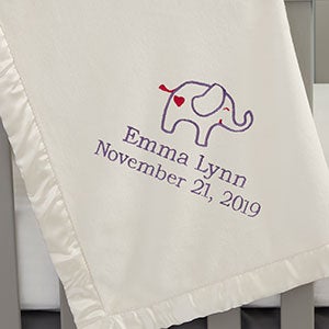 Girl Elephant Embroidered Ivory Satin Trim Baby Blanket