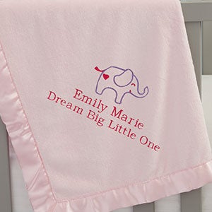 Girl Elephant Embroidered Pink Satin Trim Baby Blanket