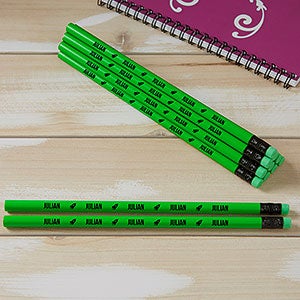 Personalized Pencils - Name & Icons - Set of 12 Neon Green Pencils