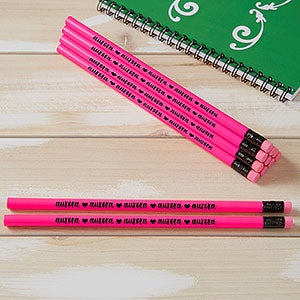 Personalized Pencils - Name & Icons - Set of 12 Neon Pink Pencils