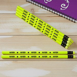 Personalized Pencils - Name & Icons - Set of 12 Neon Yellow Pencils