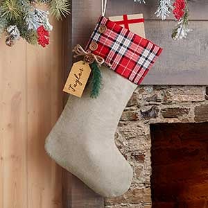 Red Plaid Evergreen Personalized Stocking - Natural Alderwood Tag