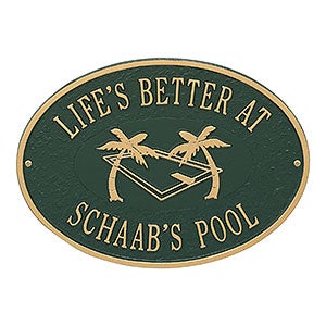 Swimming Pool Personalized Aluminum Deck Plaque - Green & Gold