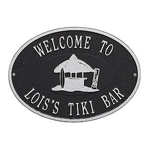 Tiki Hut Personalized Aluminum Deck Plaque - Black & Silver