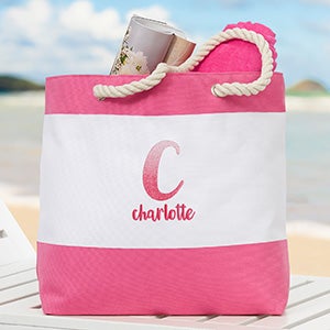 Ombre Initial Embroidered Pink Beach Tote