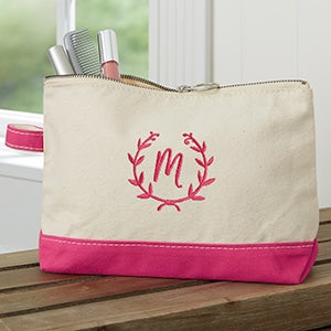 Floral Wreath Embroidered Canvas Makeup Bag - Pink