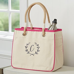 Floral Wreath Embroidered Canvas Rope Tote - Pink