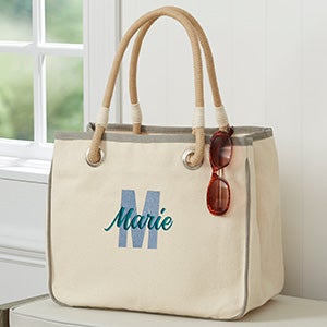 Playful Name Embroidered Canvas Rope Tote - Grey