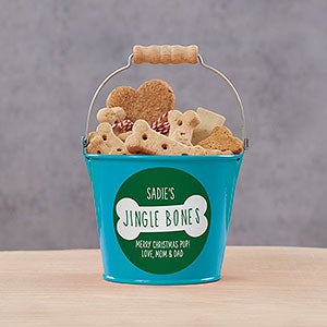 Jingle Bones Personalized Christmas Dog Treat Mini Bucket - Turquoise