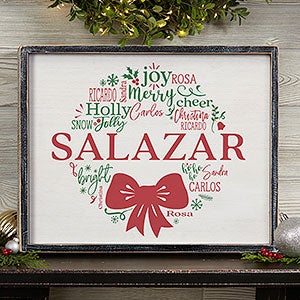 Merry Mistletoe Wreath Personalized Blackwashed Wood Wall Art - 14x18