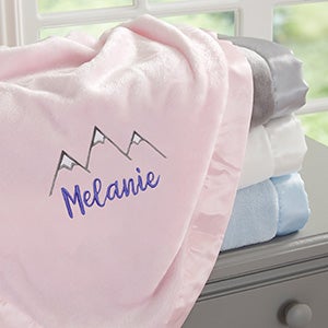 Mountains Embroidered Pink Satin Trim Baby Blanket