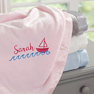 Sailboat Embroidered Pink Satin Trim Baby Blanket