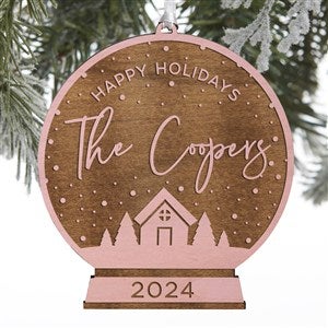 Family Snow Globe Personalized Pink Stain Wood Ornament