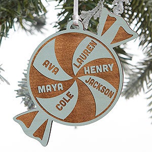 Peppermint Family Personalized Blue Stain Wood Ornament