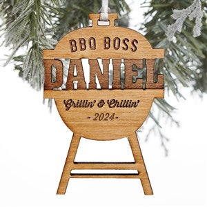 BBQ Boss Grill Engraved Natural Wood Ornament