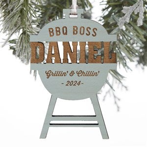 BBQ Boss Grill Engraved Blue Stain Wood Ornament