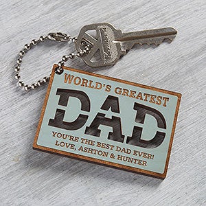 World's Greatest Dad Personalized Blue Stain Wood Keychain