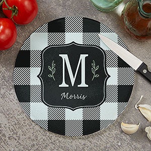 Black & White Buffalo Check Personalized Round Glass Cutting Board - 8 Inch