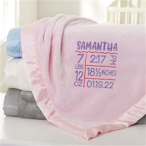 Birth Info Embroidered Pink Satin Trim Baby Blanket