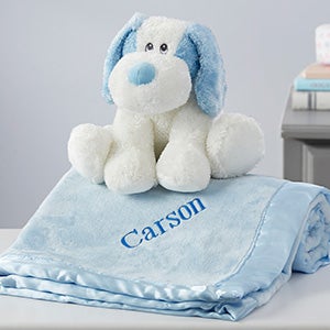 Embroidered Blue Satin Trim Baby Blanket With Plush Puppy Set