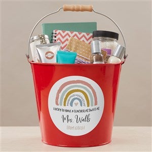 Boho Rainbow Teacher Personalized Large Metal Bucket Red