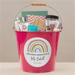 Boho Rainbow Teacher Personalized Large Metal Bucket Pink