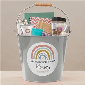 Boho Rainbow Teacher Personalized Large Metal Bucket Silver