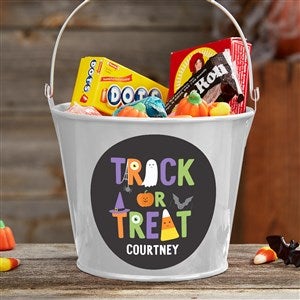 Trick Or Treat Icons Personalized Halloween Treat Bucket- White