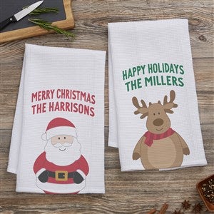 Personalized Waffle Weave Kitchen Towel - Santa And Friends