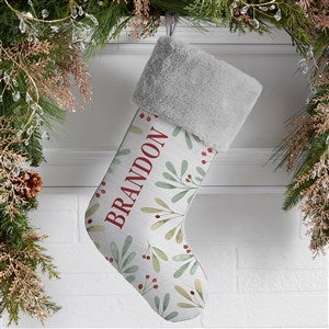 Watercolor Foliage Personalized Grey Faux Fur Christmas Stockings