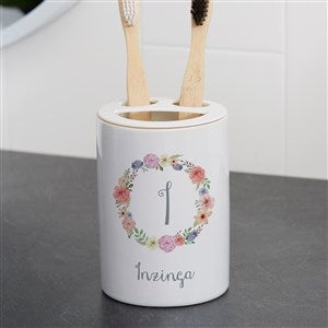 Personalized Ceramic Toothbrush Holder - Floral Wreath