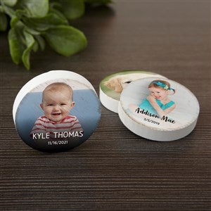 Photo, Name & Date Personalized Round Wood Magnet