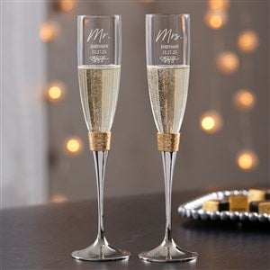 Botanical Wedding Engraved Gold Hammered Champagne Flute Set - 41654