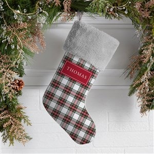 Classic Holiday Plaid Personalized Christmas Stockings - Grey Faux Fur