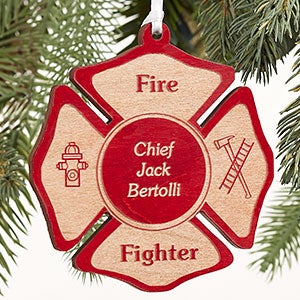 Fire Fighter Engraved Red Wood Ornament