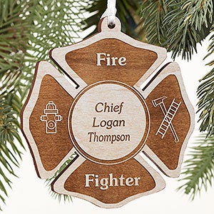 Fire Fighter Engraved Whitewash Wood Ornament