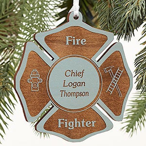 Fire Fighter Engraved Blue Wood Ornament