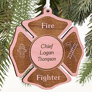 Fire Fighter Engraved Pink Wood Ornament