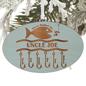 Hooked On You Red Personalized Blue Wood Ornament