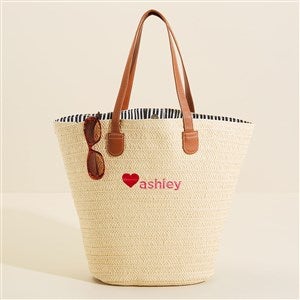 Embroidered Heart Personalized Straw Beach Bag  - 47694