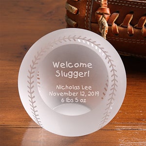 Personalized Crystal Baseball Paperweight - Welcome Slugger