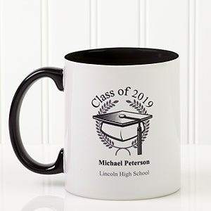 Personalized Ceramic Coffee Mugs - Graduation Cap - Black Handle