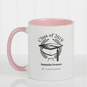 Personalized Ceramic Coffee Mugs - Graduation Cap - Pink Handle