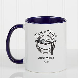 Personalized Ceramic Coffee Mugs - Graduation Cap - Blue Handle